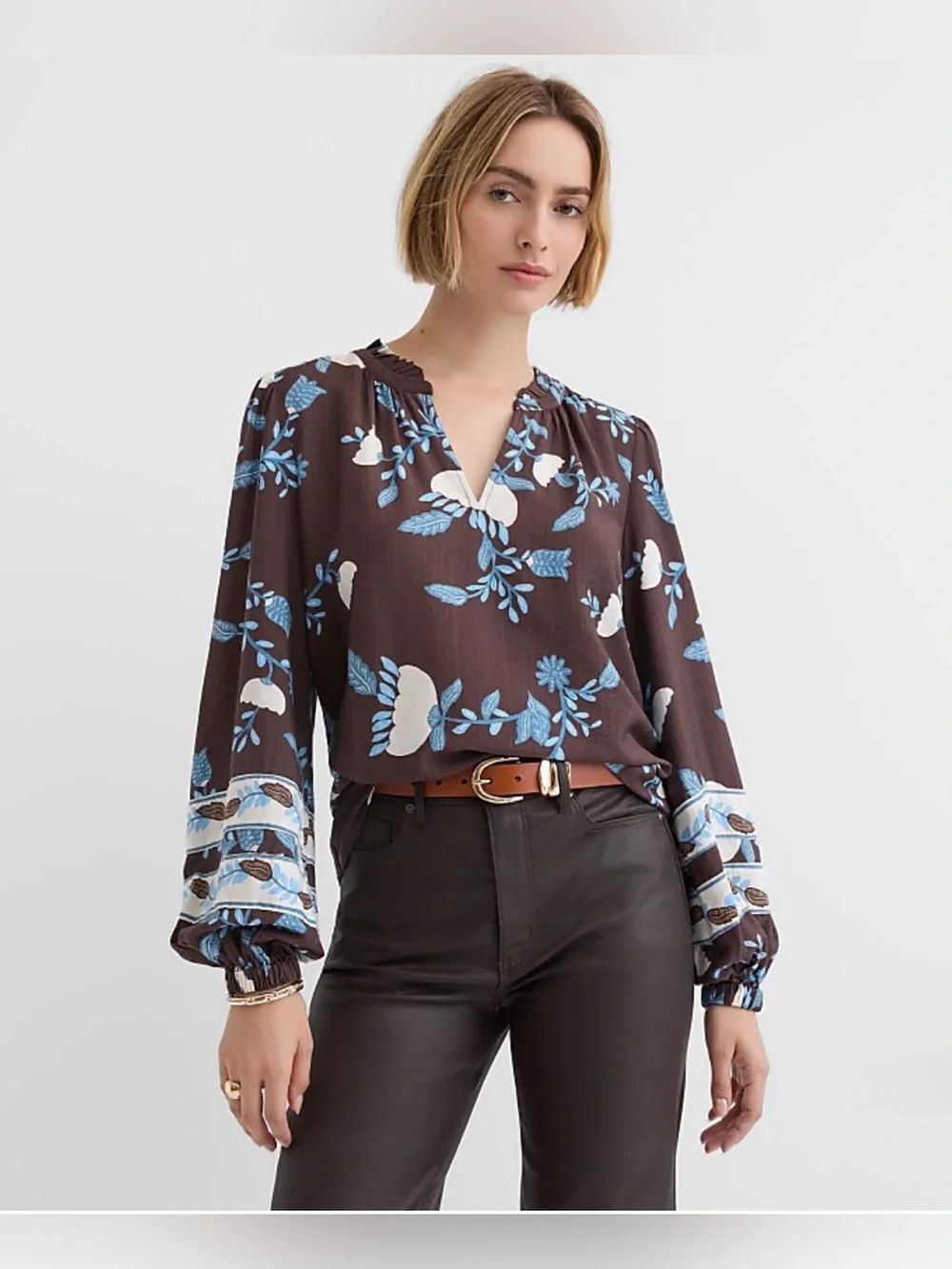 LOFTโL Brown Blue Ivory Garden Floral Ruffle Split Neck Long Sleeve Blouse